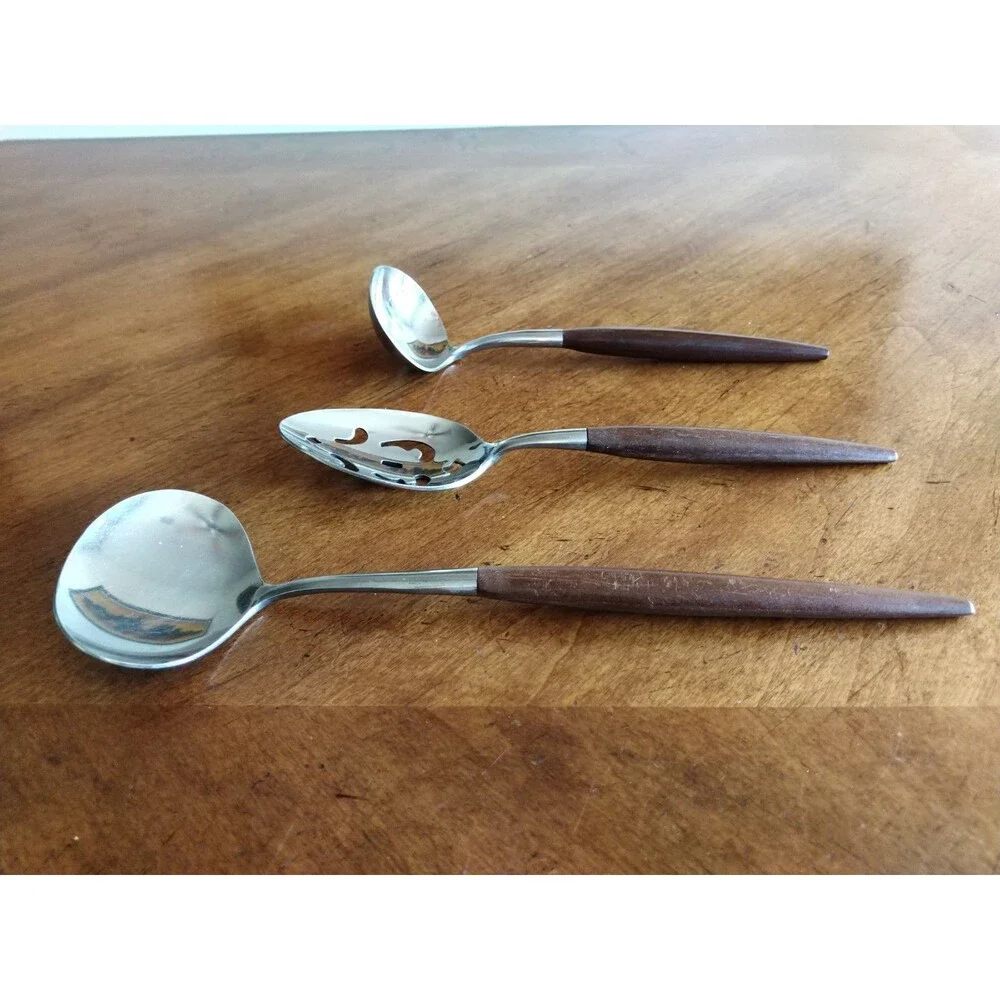 American Tempo MCM Flatware Stainless Spoon Ladle Japan Faux Wood Handle Serving